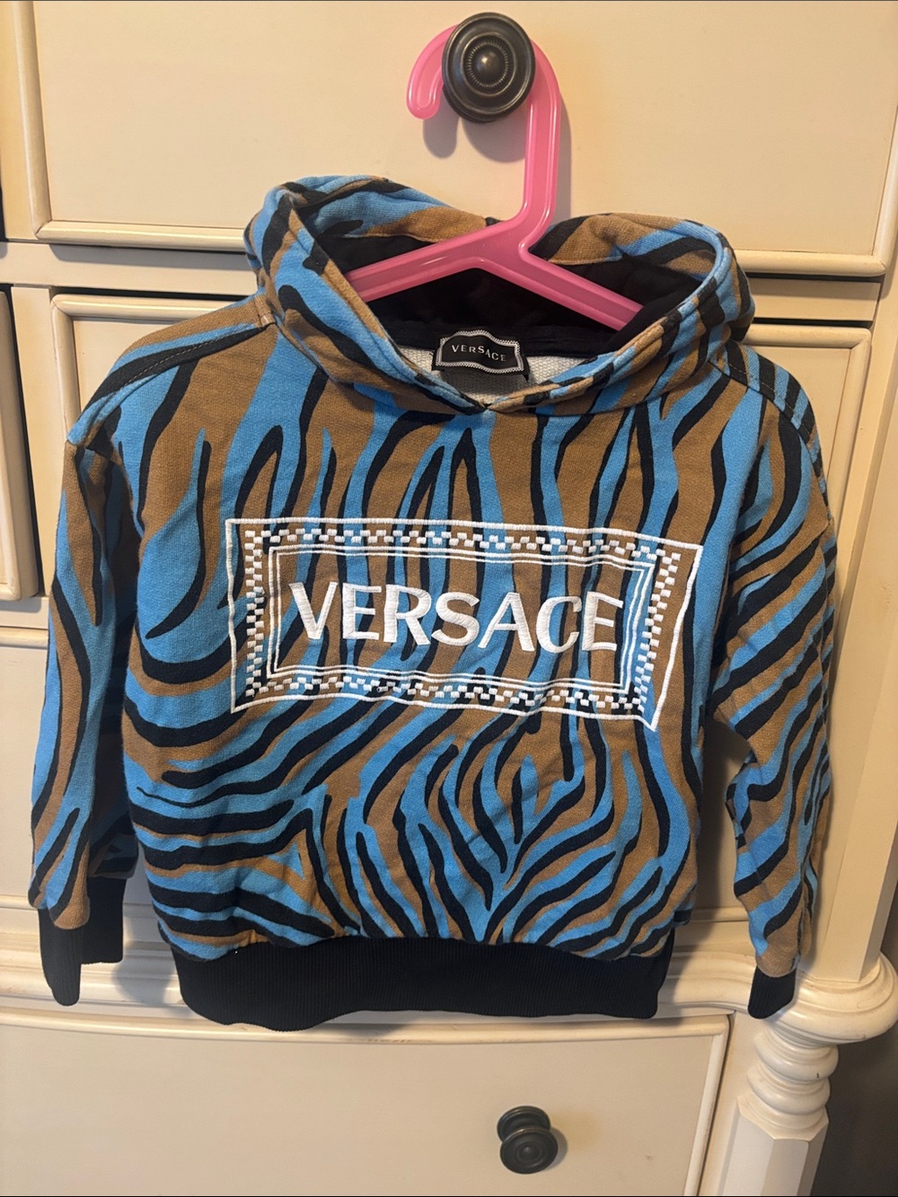 Versace Kids Blue and Brown Zebra Hoodie with Logo Patch